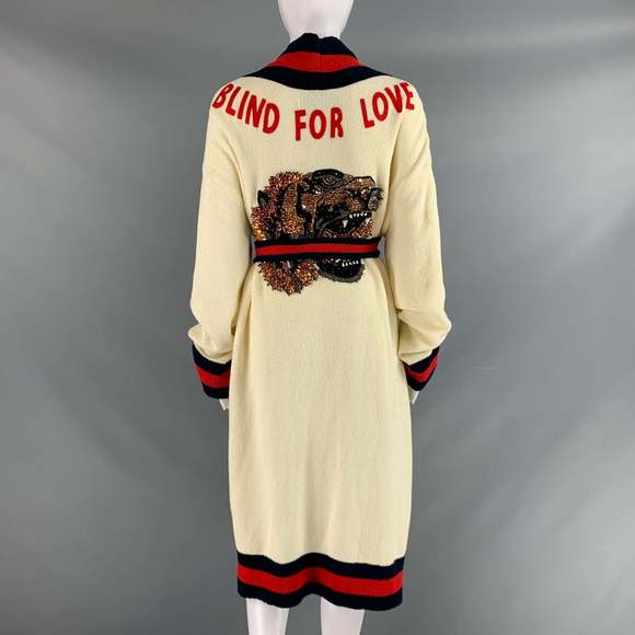 GUCCI Cream Red Blue Beaded Terry Belted Robe - Picture 3 of 13